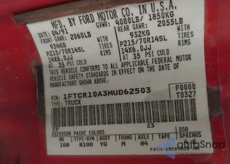 1991 Ford Ranger z USA, uszkodzony, nr VIN 1FTCR10A3MUD62503